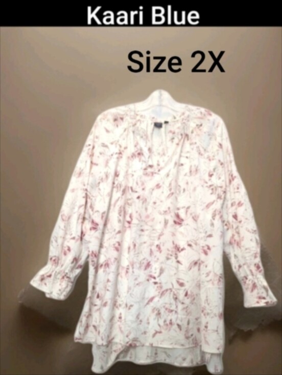 Kaari Blue Tops - Women's Kaari Blue Round Ruffleneck Size 2X Long Ruffle Sleeve Floral Cream Pink